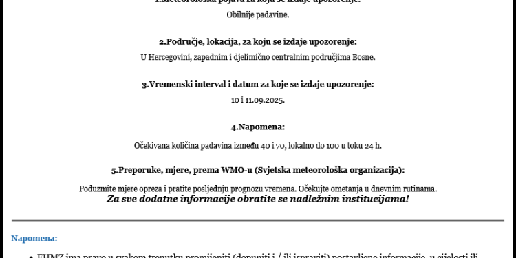 FHMZ: Izdato narandžasto upozorenje za obilne padavine