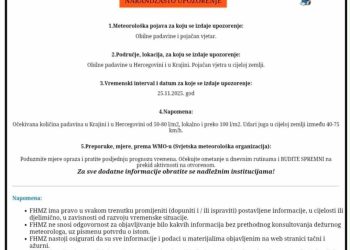 Krajina: Izdato narandžasto upozorenje za padavine i jak vjetar