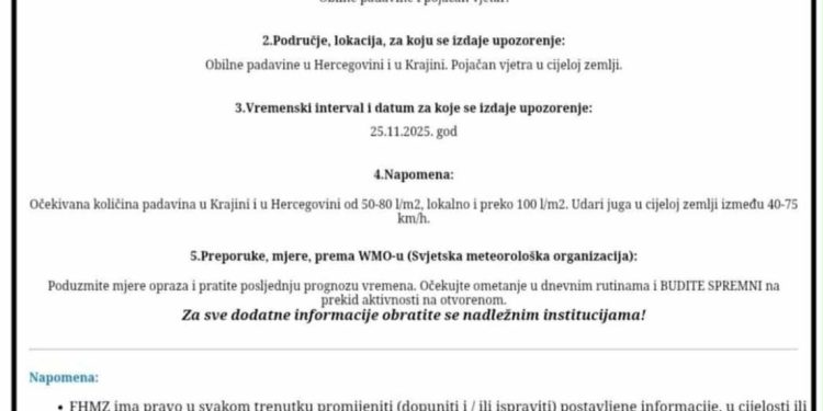 Krajina: Izdato narandžasto upozorenje za padavine i jak vjetar