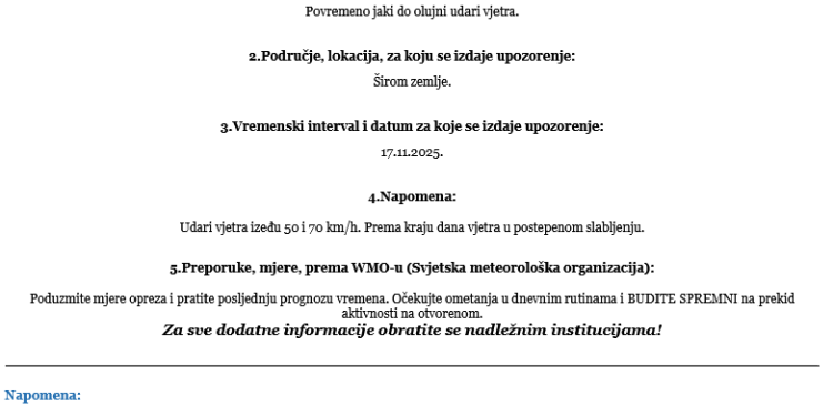 Upozorenje Službe za civilnu zaštitu: Upozorenje na jak vjetar širom naše zemlje