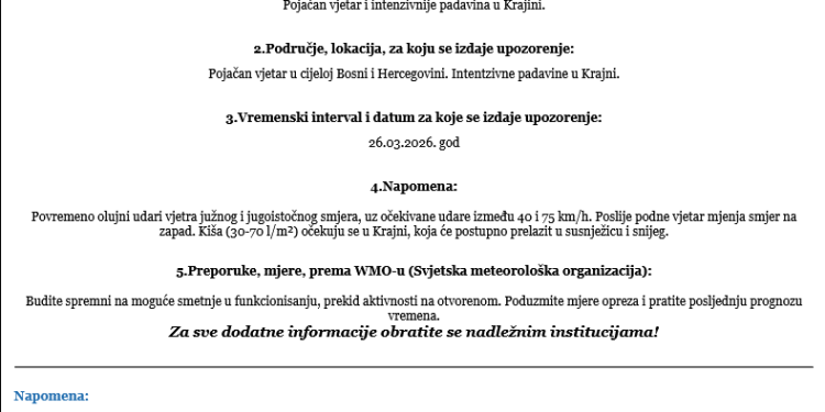 FHMZ: Izdato narandžasto upozorenje za jak vjetar i obilne padavine