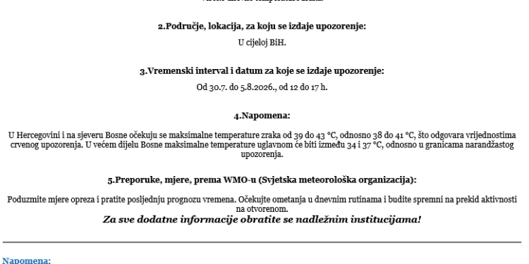 FHMZ izdao crveno i narandžasto upozorenje za visoke temperature: Pročitajte preporuke!