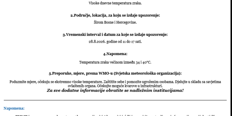 FHMZ izdao crveno upozorenje: Temperature u BiH i do 37 stepeni